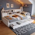 Miniatyrbillede 3 af 11: Daybed 90x200 cm til børn – multifunktionel juniorseng med opbevaringsbokse, reol og skab, hvid sengeramme uden madras