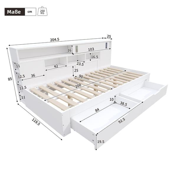 Daybed 90x200 cm til børn – multifunktionel juniorseng med opbevaringsbokse, reol og skab, hvid sengeramme uden madras
