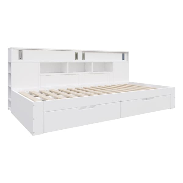 Daybed 90x200 cm til børn – multifunktionel juniorseng med opbevaringsbokse, reol og skab, hvid sengeramme uden madras
