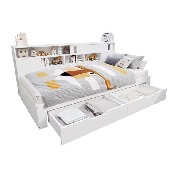 Daybed 90x200 cm til børn – multifunktionel juniorseng med opbevaringsbokse, reol og skab, hvid sengeramme uden madras