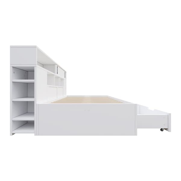 Daybed 90x200 cm til børn – multifunktionel juniorseng med opbevaringsbokse, reol og skab, hvid sengeramme uden madras