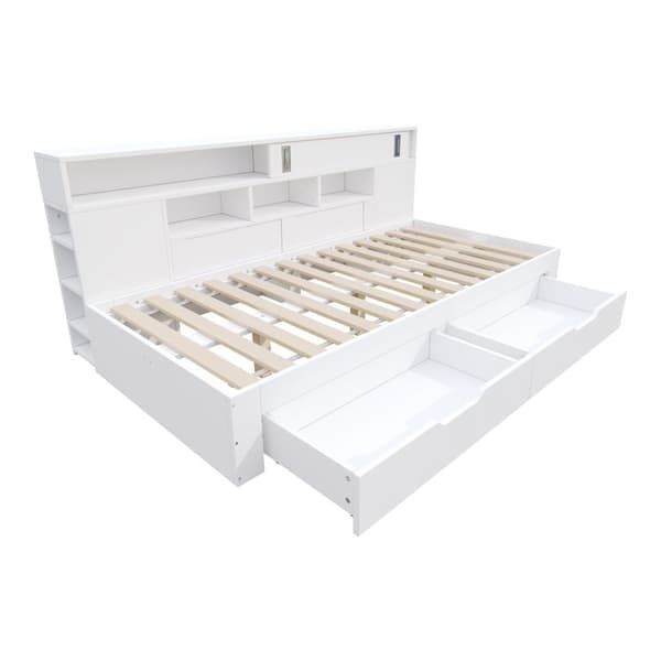 Daybed 90x200 cm til børn – multifunktionel juniorseng med opbevaringsbokse, reol og skab, hvid sengeramme uden madras