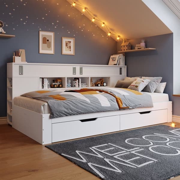 Daybed 90x200 cm til børn – multifunktionel juniorseng med opbevaringsbokse, reol og skab, hvid sengeramme uden madras