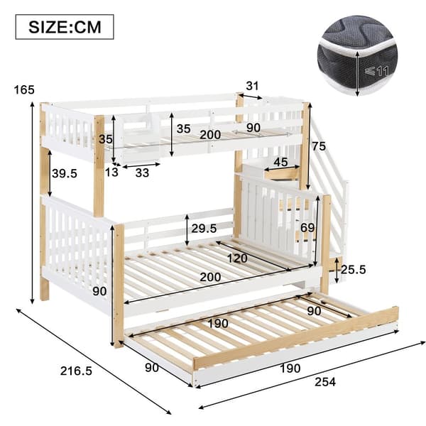 Våningssäng 90x200 & 120x200 – barnsäng med skyddsgaller, utdragssäng, hörntrappa, 3 lägen – vit/natur