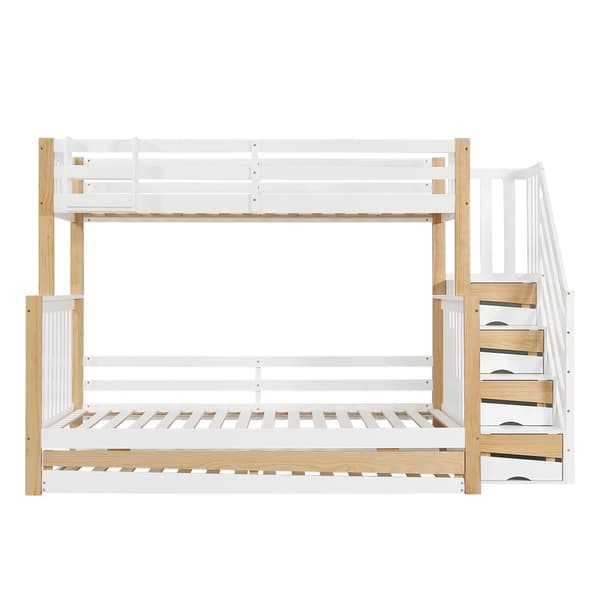 Våningssäng 90x200 & 120x200 – barnsäng med skyddsgaller, utdragssäng, hörntrappa, 3 lägen – vit/natur