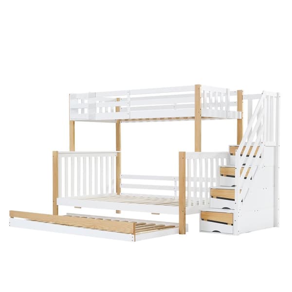 Våningssäng 90x200 & 120x200 – barnsäng med skyddsgaller, utdragssäng, hörntrappa, 3 lägen – vit/natur
