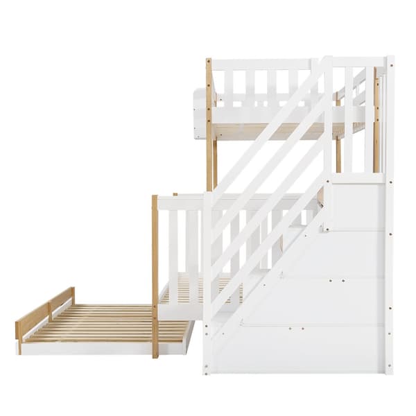 Våningssäng 90x200 & 120x200 – barnsäng med skyddsgaller, utdragssäng, hörntrappa, 3 lägen – vit/natur