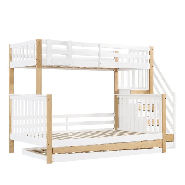 Våningssäng 90x200 & 120x200 – barnsäng med skyddsgaller, utdragssäng, hörntrappa, 3 lägen – vit/natur