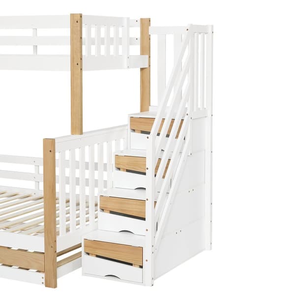Våningssäng 90x200 & 120x200 – barnsäng med skyddsgaller, utdragssäng, hörntrappa, 3 lägen – vit/natur