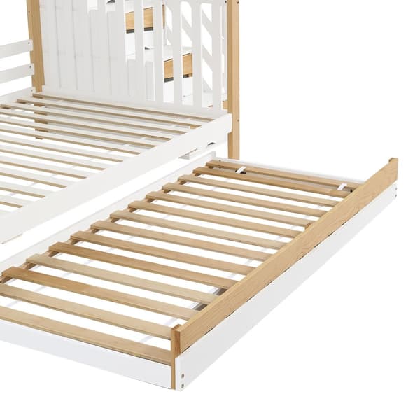 Våningssäng 90x200 & 120x200 – barnsäng med skyddsgaller, utdragssäng, hörntrappa, 3 lägen – vit/natur