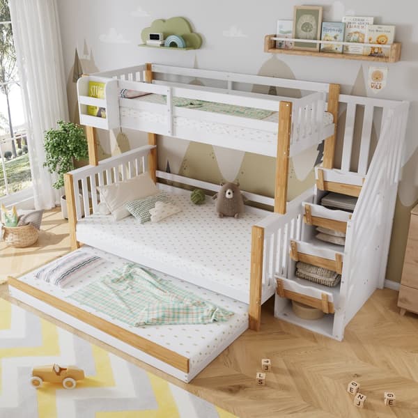 Våningssäng 90x200 & 120x200 – barnsäng med skyddsgaller, utdragssäng, hörntrappa, 3 lägen – vit/natur