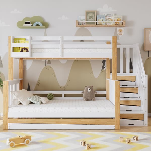 Våningssäng 90x200 & 120x200 – barnsäng med skyddsgaller, utdragssäng, hörntrappa, 3 lägen – vit/natur