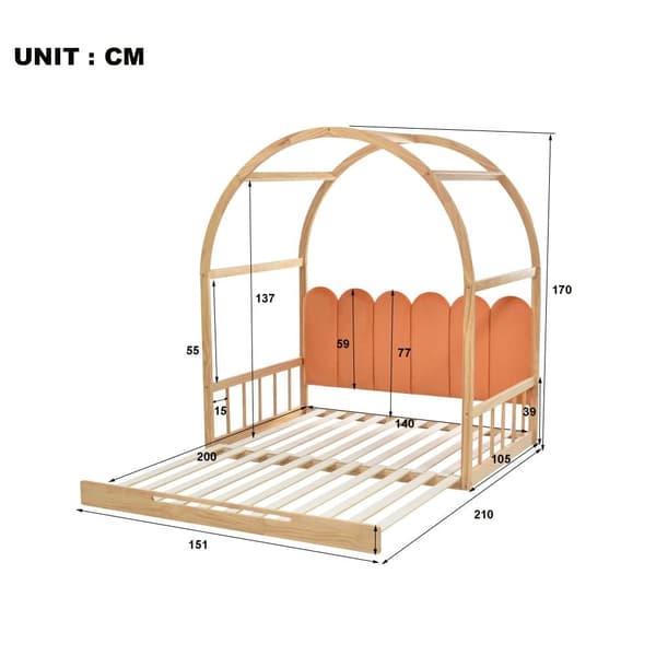 Talon sänky 140x100/200 cm patjalla – jatkettava kattosänky, ulosvedettävä mäntysohva samettityynyillä, luonnonvärinen & oranssi