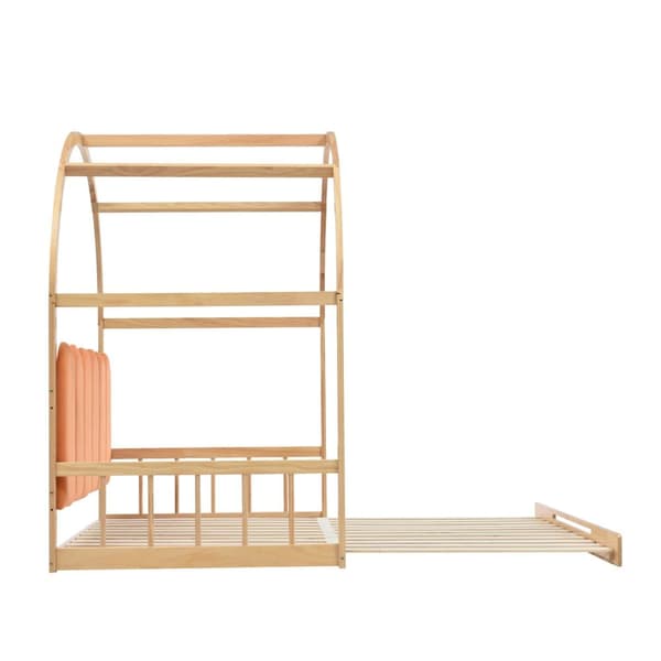 Talon sänky 140x100/200 cm patjalla – jatkettava kattosänky, ulosvedettävä mäntysohva samettityynyillä, luonnonvärinen & oranssi