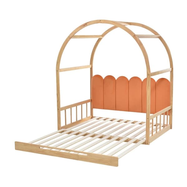 Talon sänky 140x100/200 cm patjalla – jatkettava kattosänky, ulosvedettävä mäntysohva samettityynyillä, luonnonvärinen & oranssi