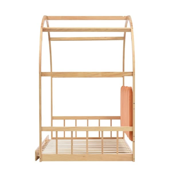 Talon sänky 140x100/200 cm patjalla – jatkettava kattosänky, ulosvedettävä mäntysohva samettityynyillä, luonnonvärinen & oranssi