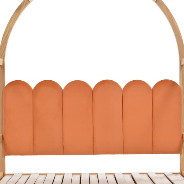 Talon sänky 140x100/200 cm patjalla – jatkettava kattosänky, ulosvedettävä mäntysohva samettityynyillä, luonnonvärinen & oranssi