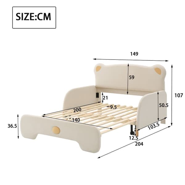 Dobbeltseng 140x200cm i bjørneform – tremmeseng med udtræksseng, beskyttelseskanter, trælameller og beige velour inkl. madras