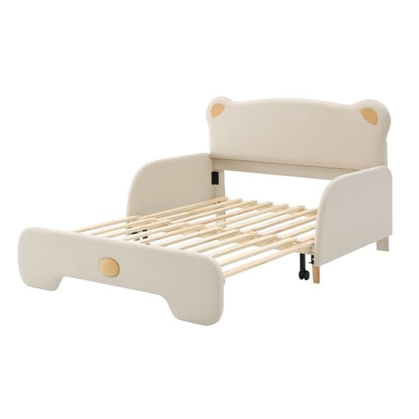 Dobbeltseng 140x200cm i bjørneform – tremmeseng med udtræksseng, beskyttelseskanter, trælameller og beige velour inkl. madras