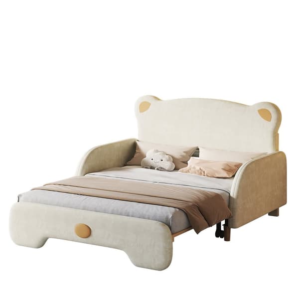 Dobbeltseng 140x200cm i bjørneform – tremmeseng med udtræksseng, beskyttelseskanter, trælameller og beige velour inkl. madras