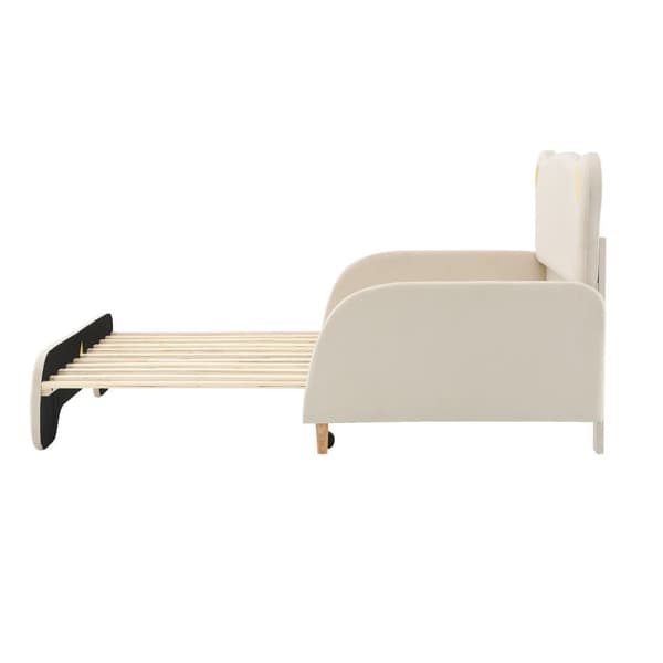 Dobbeltseng 140x200cm i bjørneform – tremmeseng med udtræksseng, beskyttelseskanter, trælameller og beige velour inkl. madras
