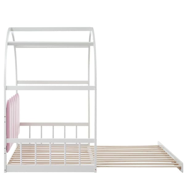 Udtrækkelig himmelseng 140x200 cm – tremmeseng, daybed, dobbeltseng i træ med madras – hvid og pink