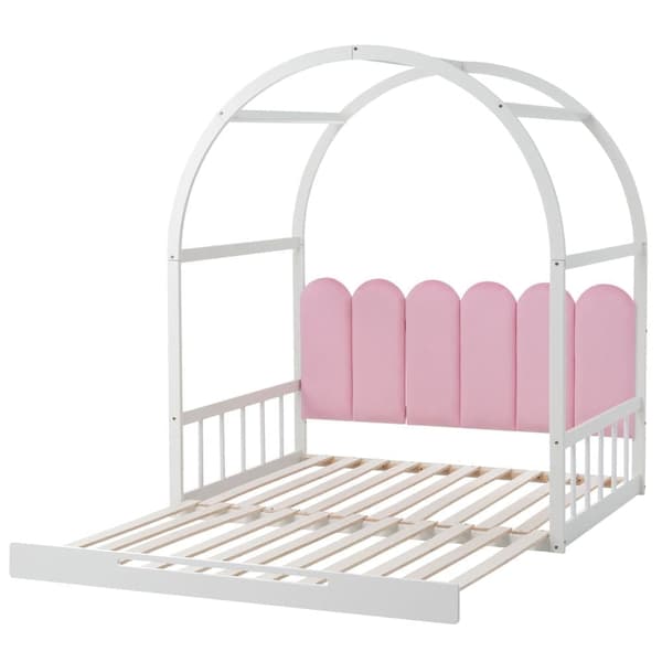 Udtrækkelig himmelseng 140x200 cm – tremmeseng, daybed, dobbeltseng i træ med madras – hvid og pink