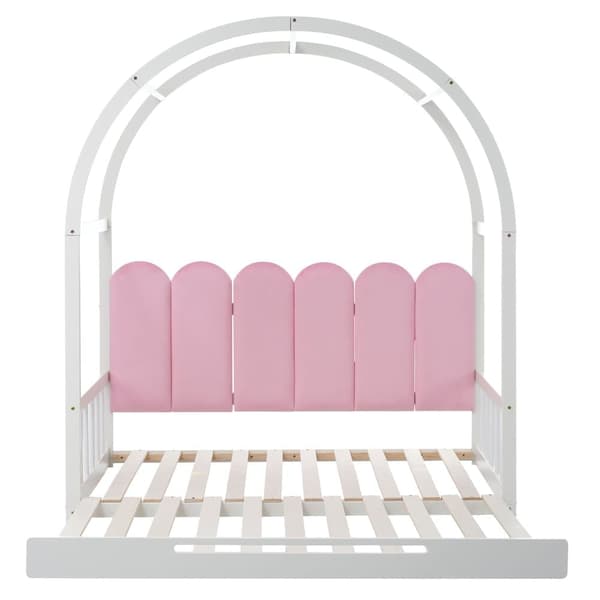 Udtrækkelig himmelseng 140x200 cm – tremmeseng, daybed, dobbeltseng i træ med madras – hvid og pink