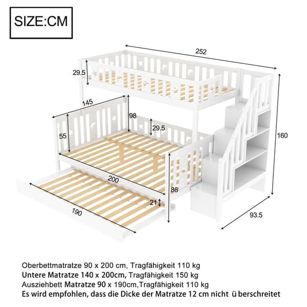 Våningssäng 90/140x200 cm i massivt trä med säkerhetsstege, utdragssäng och ribbotten – vit