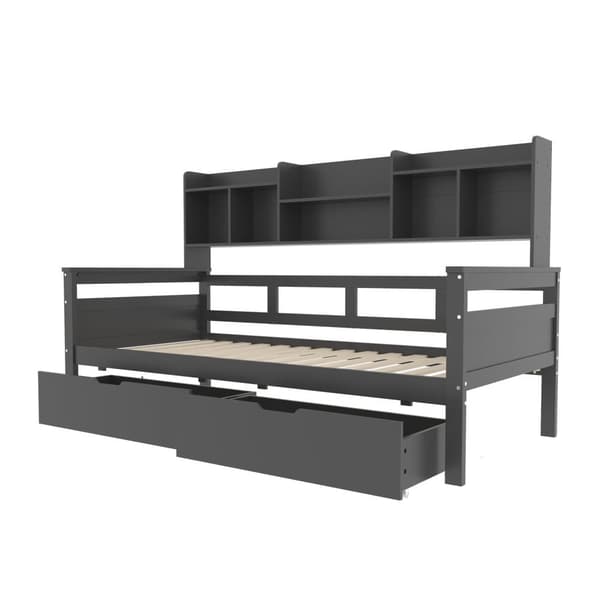 Vuodesohva 90x200 cm, laatikot, hyllyt, sälerunko – pinnasänky, teinisänky, yhden hengen sänky massiivipuuta, harmaa