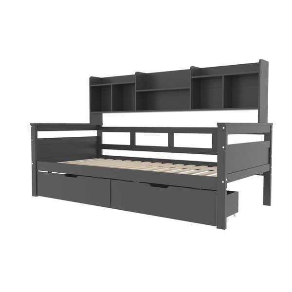 Vuodesohva 90x200 cm, laatikot, hyllyt, sälerunko – pinnasänky, teinisänky, yhden hengen sänky massiivipuuta, harmaa