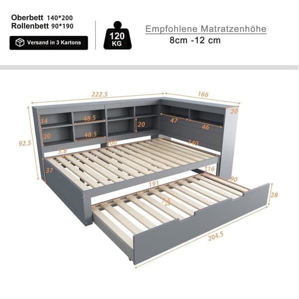Vuodesohva 140x200 cm, ulosvedettävä sänky 90x190, USB-liitäntä ja useita säilytyslokeroita - massiivipuu, parivuode, harmaa