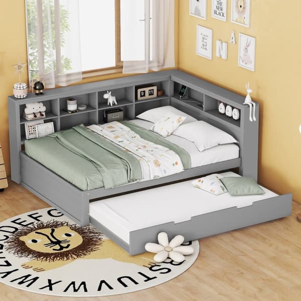 Vuodesohva 140x200 cm, ulosvedettävä sänky 90x190, USB-liitäntä ja useita säilytyslokeroita - massiivipuu, parivuode, harmaa