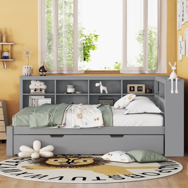 Vuodesohva 140x200 cm, ulosvedettävä sänky 90x190, USB-liitäntä ja useita säilytyslokeroita - massiivipuu, parivuode, harmaa