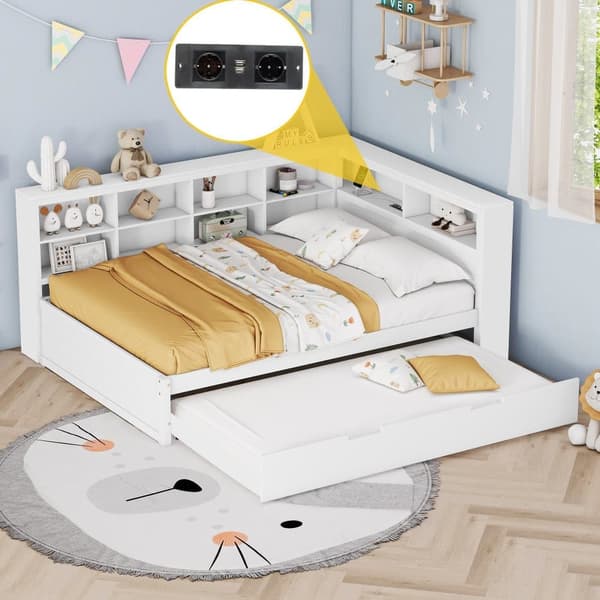 Vuodesohva 140x200 cm, ulosvedettävä sänky 90x190, USB-liitäntä ja useita säilytyslokeroita - massiivipuu, parivuode, valkoinen