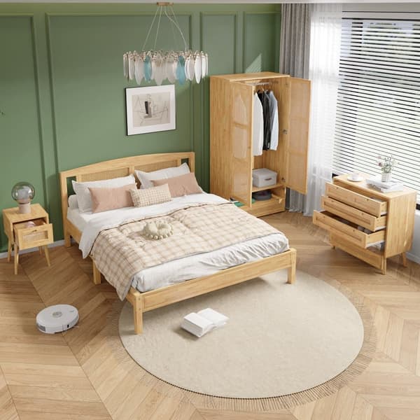 Soveværelsesmøbelsæt 4 dele – Rattan seng 160x200 cm med natbord, kommode og garderobeskab, dobbeltseng i fyrretræ og spånplade, natur