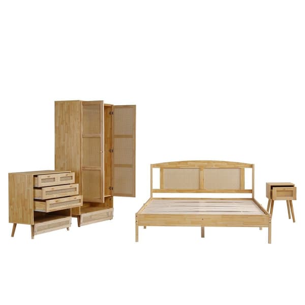 Soveværelsesmøbelsæt 4 dele – Rattan seng 160x200 cm med natbord, kommode og garderobeskab, dobbeltseng i fyrretræ og spånplade, natur