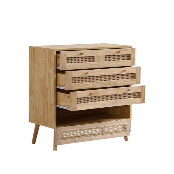 Soveværelsesmøbelsæt 4 dele – Rattan seng 160x200 cm med natbord, kommode og garderobeskab, dobbeltseng i fyrretræ og spånplade, natur