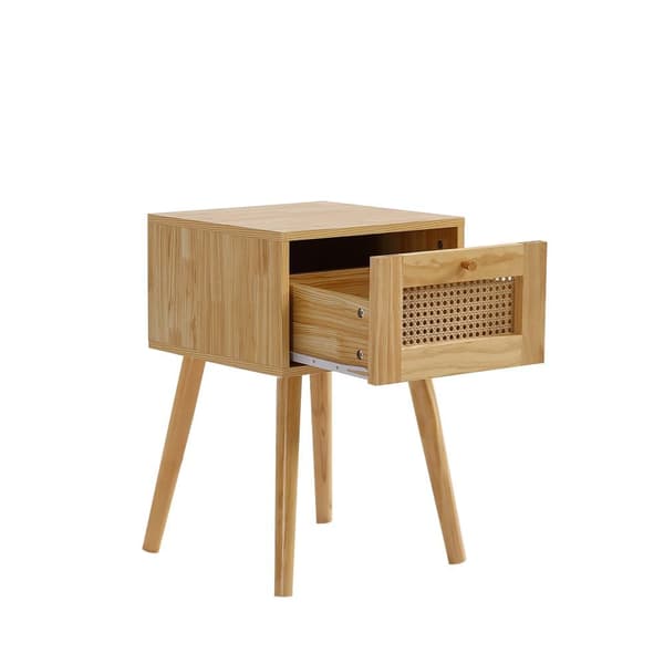 Soveværelsesmøbelsæt 4 dele – Rattan seng 160x200 cm med natbord, kommode og garderobeskab, dobbeltseng i fyrretræ og spånplade, natur