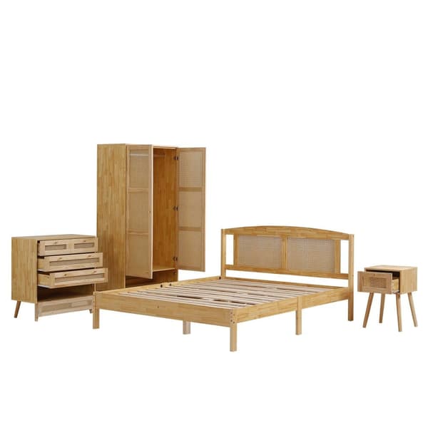Soveværelsesmøbelsæt 4 dele – Rattan seng 160x200 cm med natbord, kommode og garderobeskab, dobbeltseng i fyrretræ og spånplade, natur