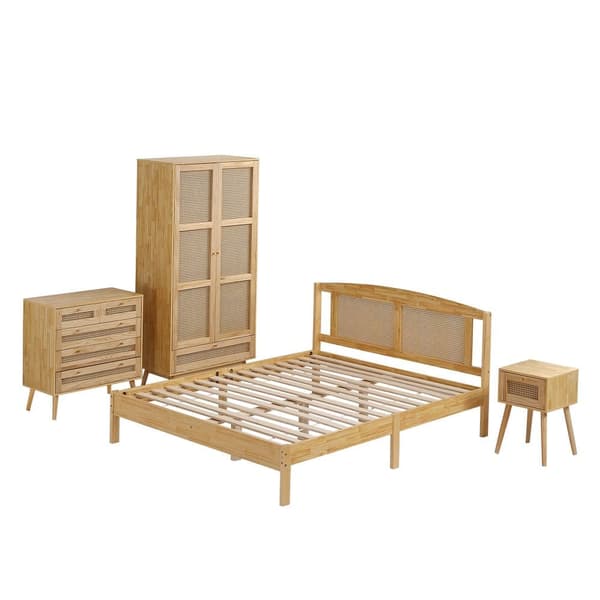 Soveværelsesmøbelsæt 4 dele – Rattan seng 160x200 cm med natbord, kommode og garderobeskab, dobbeltseng i fyrretræ og spånplade, natur