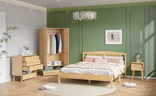 Soveværelsesmøbelsæt 4 dele – Rattan seng 160x200 cm med natbord, kommode og garderobeskab, dobbeltseng i fyrretræ og spånplade, natur