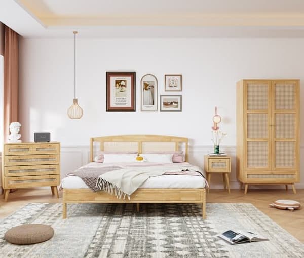 Soveværelsesmøbelsæt 4 dele – Rattan seng 160x200 cm med natbord, kommode og garderobeskab, dobbeltseng i fyrretræ og spånplade, natur