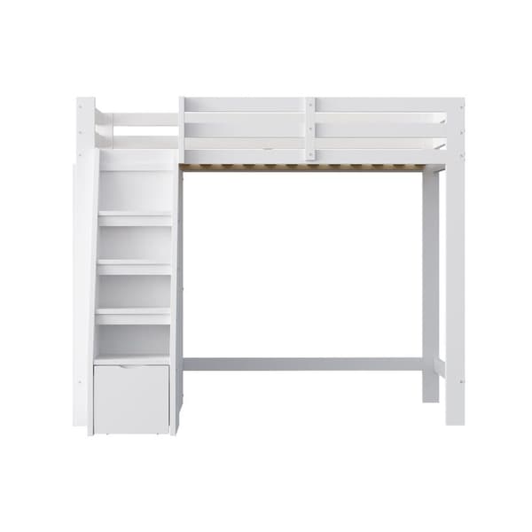 Loftsäng 90x200 cm med förvaring, säker stege och garderob, enkelsäng för barn och tonåringar, massiv träram vit