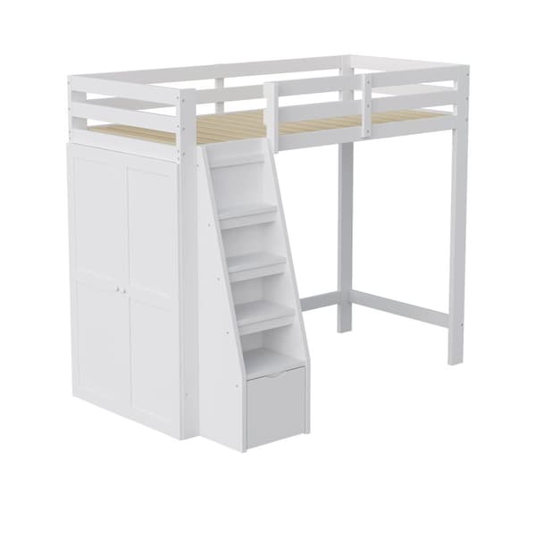 Loftsäng 90x200 cm med förvaring, säker stege och garderob, enkelsäng för barn och tonåringar, massiv träram vit