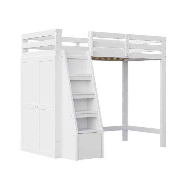 Loftsäng 90x200 cm med förvaring, säker stege och garderob, enkelsäng för barn och tonåringar, massiv träram vit