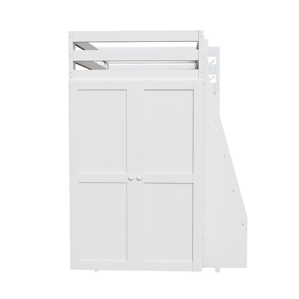 Loftsäng 90x200 cm med förvaring, säker stege och garderob, enkelsäng för barn och tonåringar, massiv träram vit
