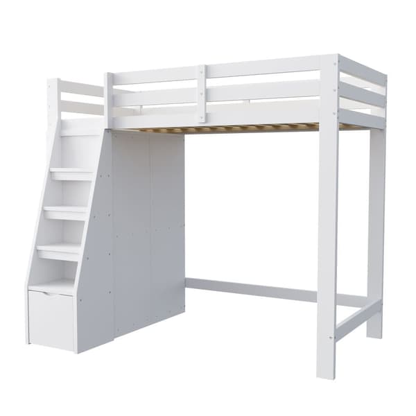 Loftsäng 90x200 cm med förvaring, säker stege och garderob, enkelsäng för barn och tonåringar, massiv träram vit