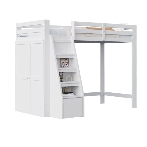 Loftsäng 90x200 cm med förvaring, säker stege och garderob, enkelsäng för barn och tonåringar, massiv träram vit