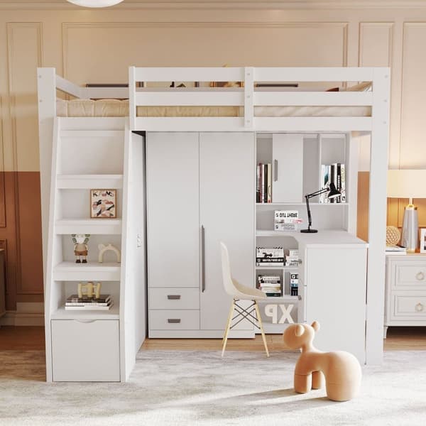 Loftsäng 90x200 cm med förvaring, säker stege och garderob, enkelsäng för barn och tonåringar, massiv träram vit
